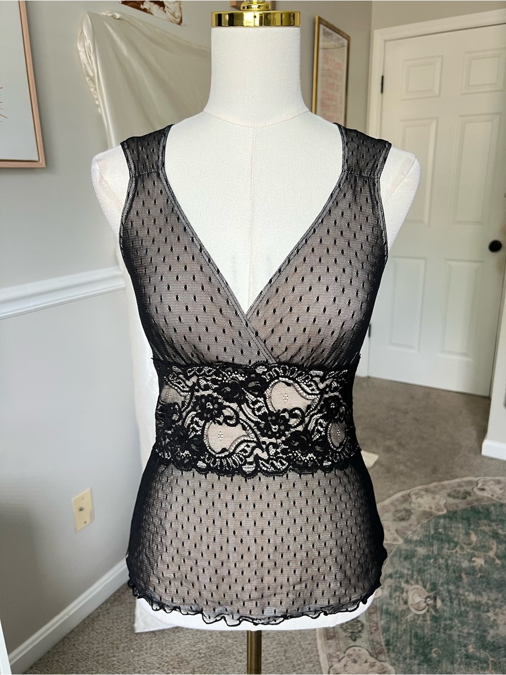 White House Black Market Black Swiss Dot Lace Mesh Tank - Picture 2 of 4